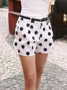 Quần short nữ CAREE chấm bi vintage thắt eo, thích hợp mặc đi làm và hẹn hò, mùa xuân hè. - Đen và trắng - Xem 3