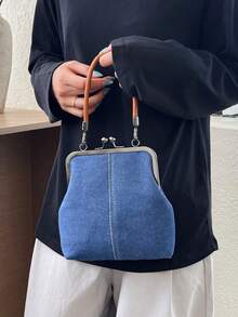 Tas Selempang Kulit PU untuk Wanita, Tas Tangan dengan Gesper Bergaya Vintage, Tali Bahu yang Dapat Diatur, Tas Bahu Tunggal Ringan Warna Polos dengan Lapisan Poliester - Biru - View 12