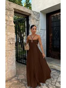 Women's Pleated Halter Neck Maxi Dress, Crisscross Straps Cutout Waist Evening Gown - 咖啡 - 查看 4