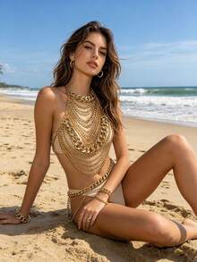ZHENGHEN Collar decorativo de cadena de oro multicapa delicado hecho a mano - Dorado - Ver 4