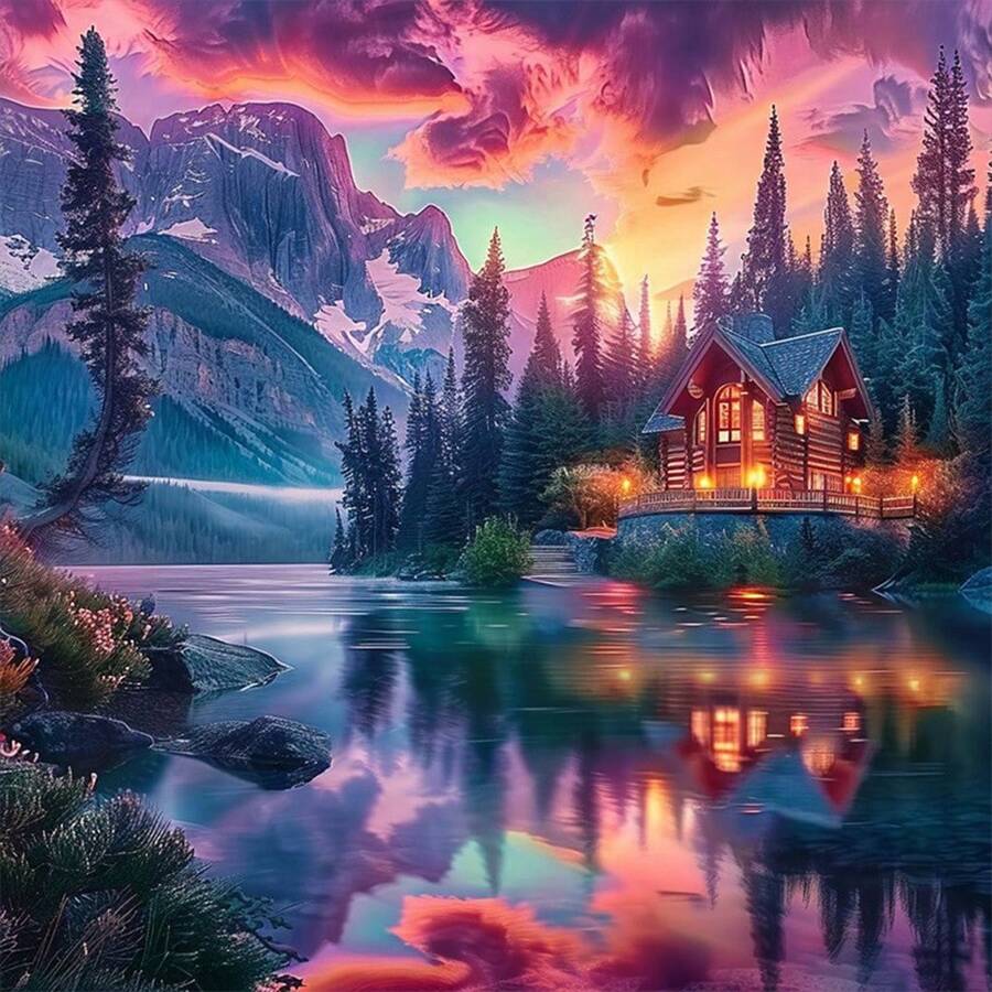 一套5D湖畔小屋DIY钻石画套装,圆形亚克力钻石,马赛克艺术工艺品,适合成人和初学者放松身心,家居墙面装饰,理想的节日礼物,无框 - 圓鑽 - 查看 1