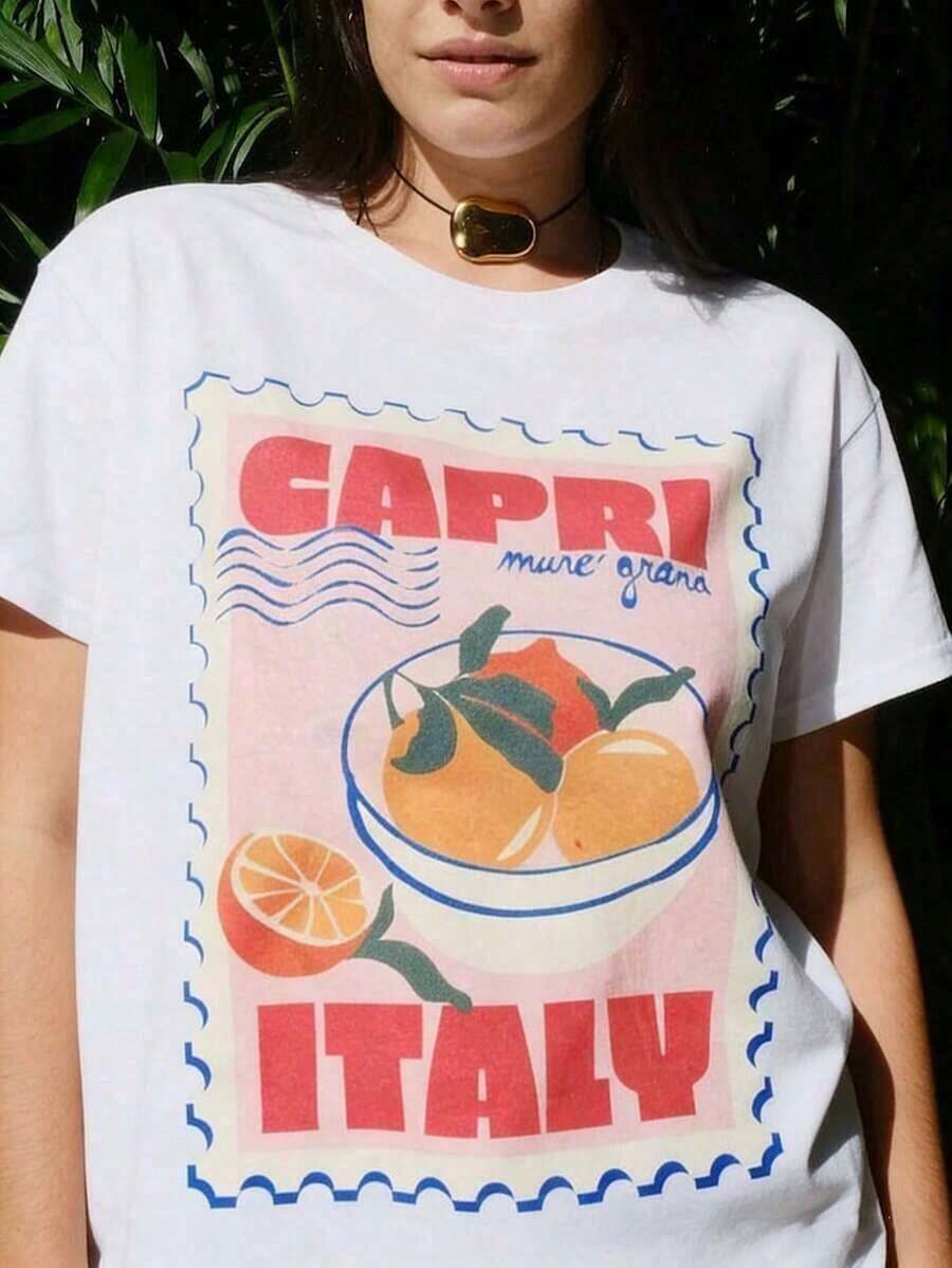 1 Piece Women's Casual Short Sleeve T-Shirt - Italian Style 'I LOVE YOU' Pattern, Pink Scooter, Floral And Fruit Print, White Round Neck Top, Suitable For Birthdays And Holidays, Summer Essential, Comfortable Machine Washable Fabric, Free Shipping, Women's Clothing, Summer Tops For Women, Cotton Shirt For Women - White - View 1