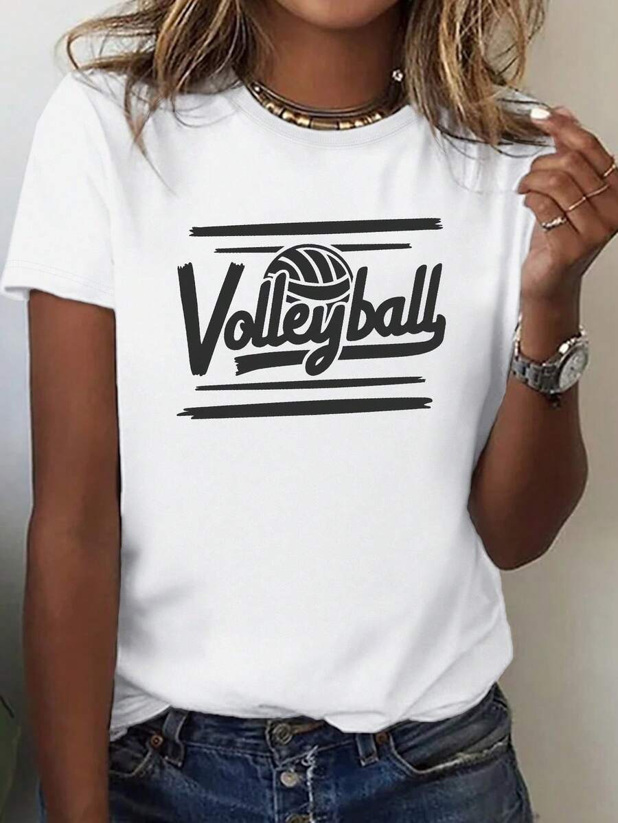 Women's Volleyball Graphic T-Shirt - White With Black And Orange Lettering And Volleyball Print, Loose Casual Short Fit Crew Neck For Beach, Casual Wear - Breathable Comfort All Season, Volleyball Theme With Geometric Pattern, Relaxed Fit, Spring/Summer, Easy Care, Durable Fabric For Lifestyle - 白色 - 查看 1