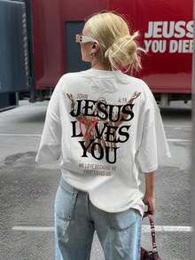 Women's Short-Sleeved T-Shirt With Round Neck And "Jesus Loves You" Print, Casual Style, Suitable For Everyday Wear, Summer White Color. - 白色 - 查看 5