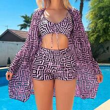 Fashionable And Sexy Plus-Size Printed Three-Piece Swimsuit With Long Sleeves And Mesh - Figure 1 - View 5