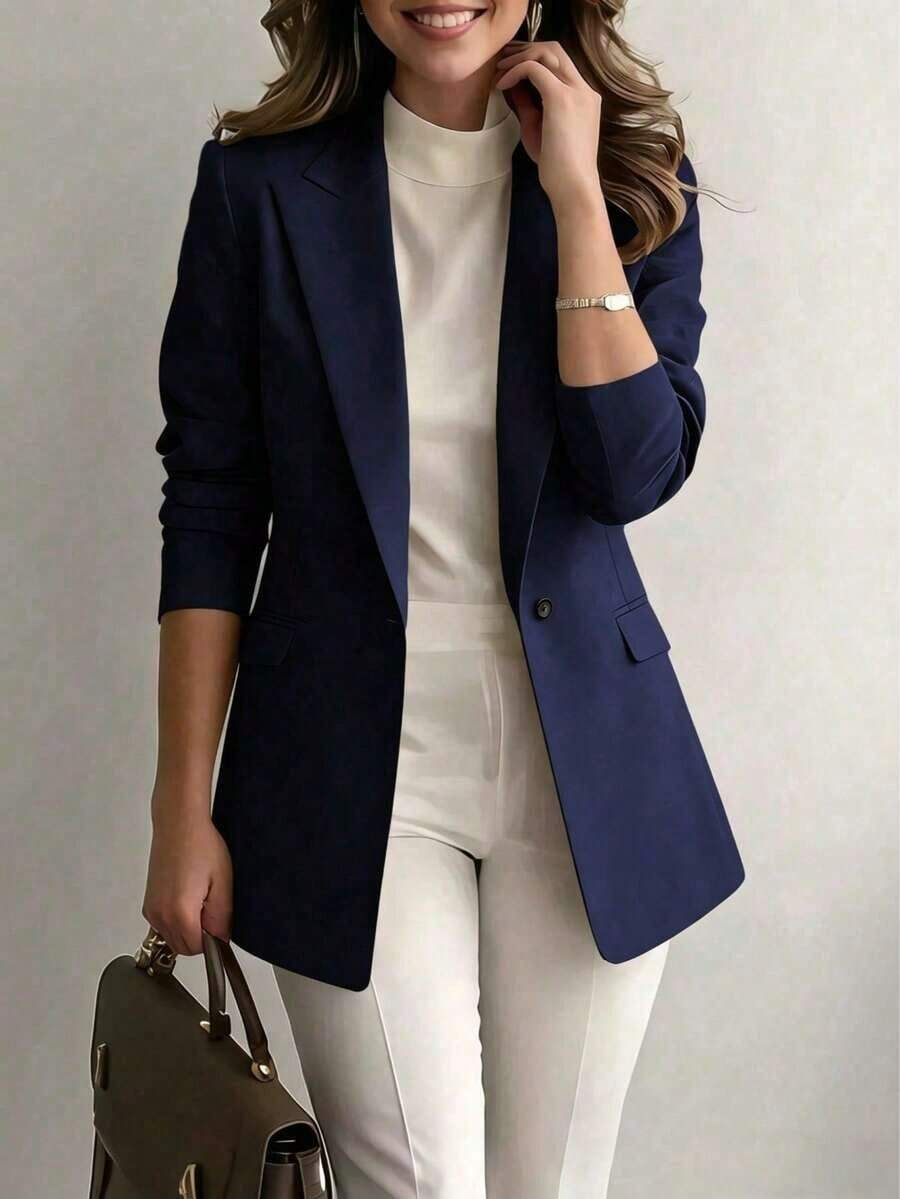 Chaqueta de blazer de unicolor con solapa para mujer, de manga larga con botones y bolsillos, adecuada para otoño, invierno y primavera.Chaqueta de oficina de manga larga, prenda exterior versátil para negocios y hogar, apta para otoño, invierno y primavera - Azul marino - Ver 1