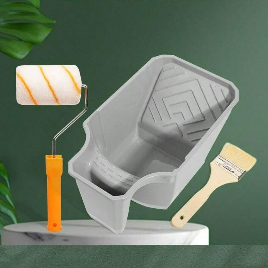 1 cốc đựng sơn cầm tay dung tích lớn kèm khung lăn sơn, dễ sử dụng với cọ và con lăn, màu xám.