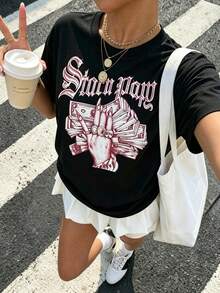 女士黑色宽松印花T恤，复古“Storm Pay”风格哥特字母印花，饰有钱币手和现金堆叠图案，Y2K Baddie街头风夏季休闲纯棉上衣 - 黑色 - 查看 2