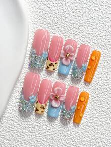 Bộ 10 miếng dán móng tay thủ công phong cách nhẹ nhàng, keo dán móng Unghie, phụ kiện móng tay hình kim cương hồng và hoa xanh, họa tiết hoa bốn cánh và giọt nước, sơn móng tay màu xanh dương, hồng, cam, nâu và vàng, phong cách sang trọng giá cả phải chăng, kèm dụng cụ làm móng (1 tờ miếng dán + 1 dũa móng), 3 kích cỡ: móng hạnh nhân, móng vịt, móng hình quan tài, thích hợp cho họp mặt, hàng ngày, tiệc tùng, chụp ảnh, vui chơi, mùa xuân hè, đi làm. - Nhiều màu - Xem 16