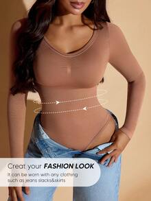 Suprenx 1pc Women's Long Sleeve Tummy Control Lift Bust Bodysuit - Camel - View 4