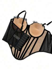Corsé de encaje negro con adorno floral, prenda moldeadora casual de verano para mujer - Negro 3 - Ver 9