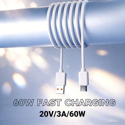 1pc White USB To Type-C Fast Charging Data Cable, 60W Fast Charging And 480Mbps High-Speed Data Transfer, 100cm/39.37inch, 4.0mm Thick Diameter, Bend-Resistant And Durable, Compatible With Samsung/// And Other Smartphones For Fast Charging