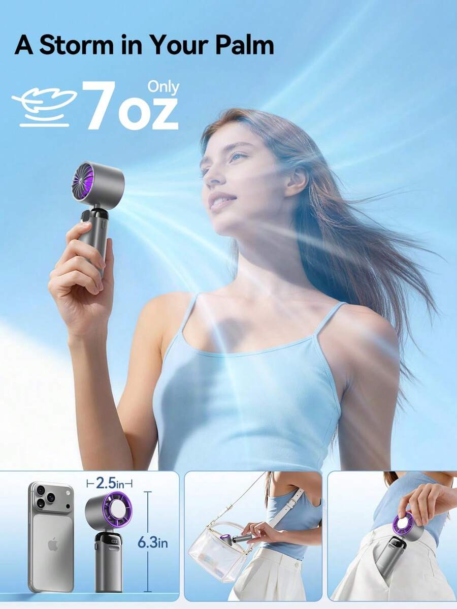 2026 New Handheld Mini Fan, USB Rechargeable, Digital Display, Quiet, 2400mAh, Suitable For Office, Dorm And Outdoor, 1pc Portable Handheld Fan With LED Display, 3-In-1 Handheld/Necklace/Desktop, 90° Foldable Desktop Fan With Base, Makeup Fan For Women - Basic Model - View 1