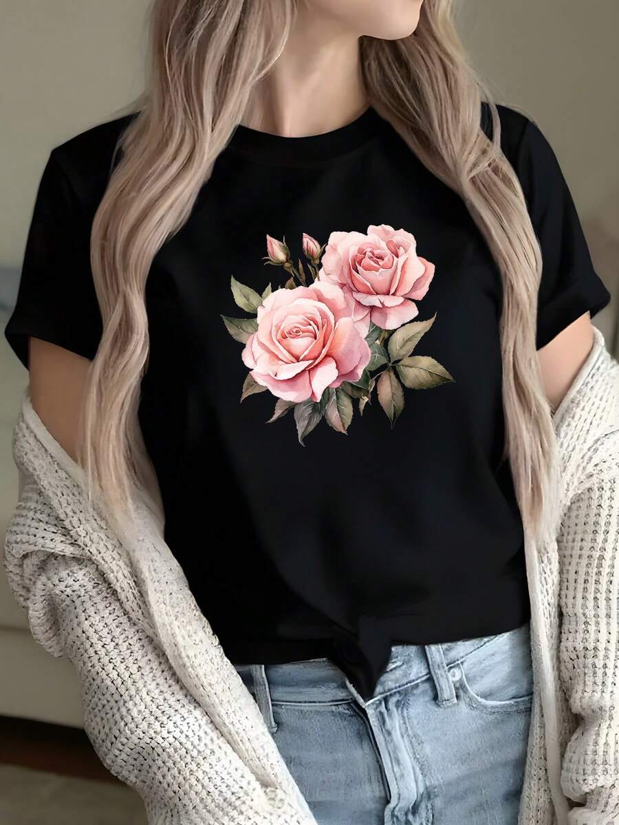 1pc Tamaño S-2XL Camiseta suave de las mujeres, rosas rosas acuarela elegante con hojas verdes vibrantes de alta definición impresión clásica cuello tripulación de manga corta transpirable cómoda tee para la primavera verano casual uso diario, fiestas de jardín