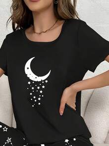 (Solo Tops disponibles) Pijamas de mujer Luna y Meteor Impresión Verano manga corta Ropa de salón, ropa de mujer cómoda, estilo otoño e invierno cuello redondo - Negro - Ver 2