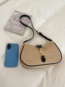 时尚纯色金属链条草编新月形手提包，女士多功能托特包，沙滩包，休闲草编包，女士手机包 - 黑色 - 查看 9