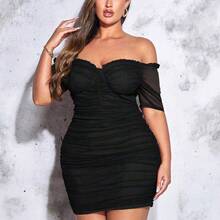Plus Off Shoulder Ruched Frill Trim Bodycon Dress,Birthday Dresses For Women - Negro - Ver 6