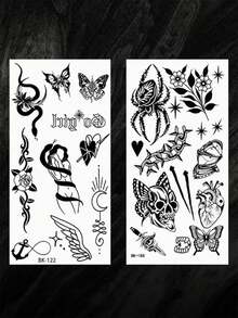 2 buah Stiker Tato Temporer Pola Kecil Campuran Hitam, Desain Bergaya Unisex Berbentuk Ular, Mawar, Hati, Sayap, Kupu-kupu, dan Bulan. Bertahan 2-5 Hari di Kulit, Mudah Dipasang dan Dilepas, Stiker Tato Seni Tubuh Sekali Pakai. - Hitam - View 8