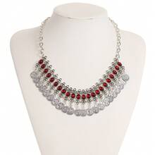 1pc Vintage Luxury Bohemian Silver Coin & Red Rhinestone Choker,Pendant Statement Necklace, Women's Party & Festival Wear - 銀色 - 查看 4