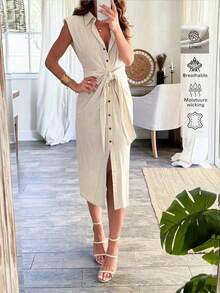 Floreya Spring/Summer Lightweight Linen Elegant Casual Everyday Commute Vacation Linen LINEN Dress, Summer Dresses, Casual Dresses For Women, Vacation Dress - Champagne - View 3