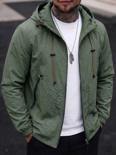 1pc Men's Green Crinkle Texture Hooded Zip-Up Jacket, Raglan Sleeve Design, Lightweight & Comfortable, Machine Washable & Dryable, Urban Casual Style Outerwear, Suitable For Daily Commute And Outdoor Leisure Wear