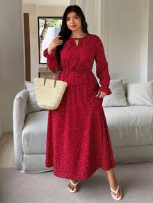 Elegante vestido largo de lunares rojos de manga larga para mujer de talla grande, vestido casual de túnica con cuello redondo para vacaciones - Rojo - Ver 5