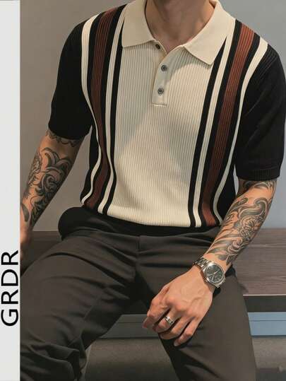  GRDR 男士 Polo 领条纹休闲简约时尚针织短袖 T 恤 - 适合日常外出和活动穿着
