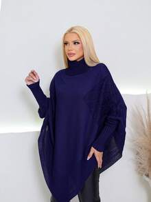 MONNEI Knitted Poncho With High Neck And Asymmetrical Batwing Sleeves, French Style - 藏蓝色 - 查看 2