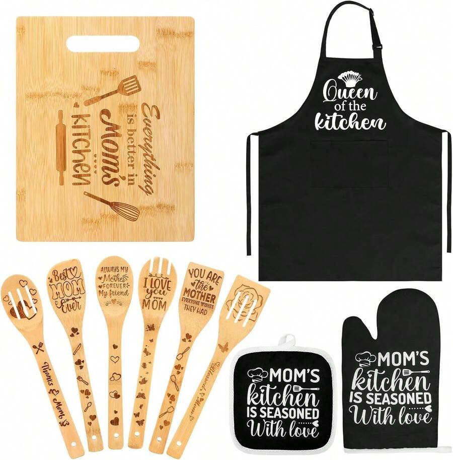 Mom Kitchen Gifts Mothers Day Gifts For Mom From Daughter, Mom Birthday Gift Ideas With Cutting Board Wooden Spoons Aprons Oven Mitts Pot Holder For Cooking - White - View 1