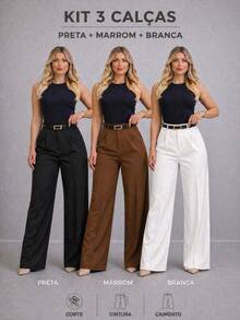 Kit 3 Calças Alfaiataria Feminina Com Cinto - preto-marrom-branco - Visão 2