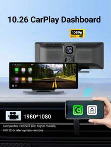 XUDA 全新10.26英寸4K行车记录仪，支持无线CarPlay和Android Auto，便携式行车记录仪，IPS触摸屏，蓝牙音频，双镜头录像机 - 10.26PND+Dual Lens - 查看 1
