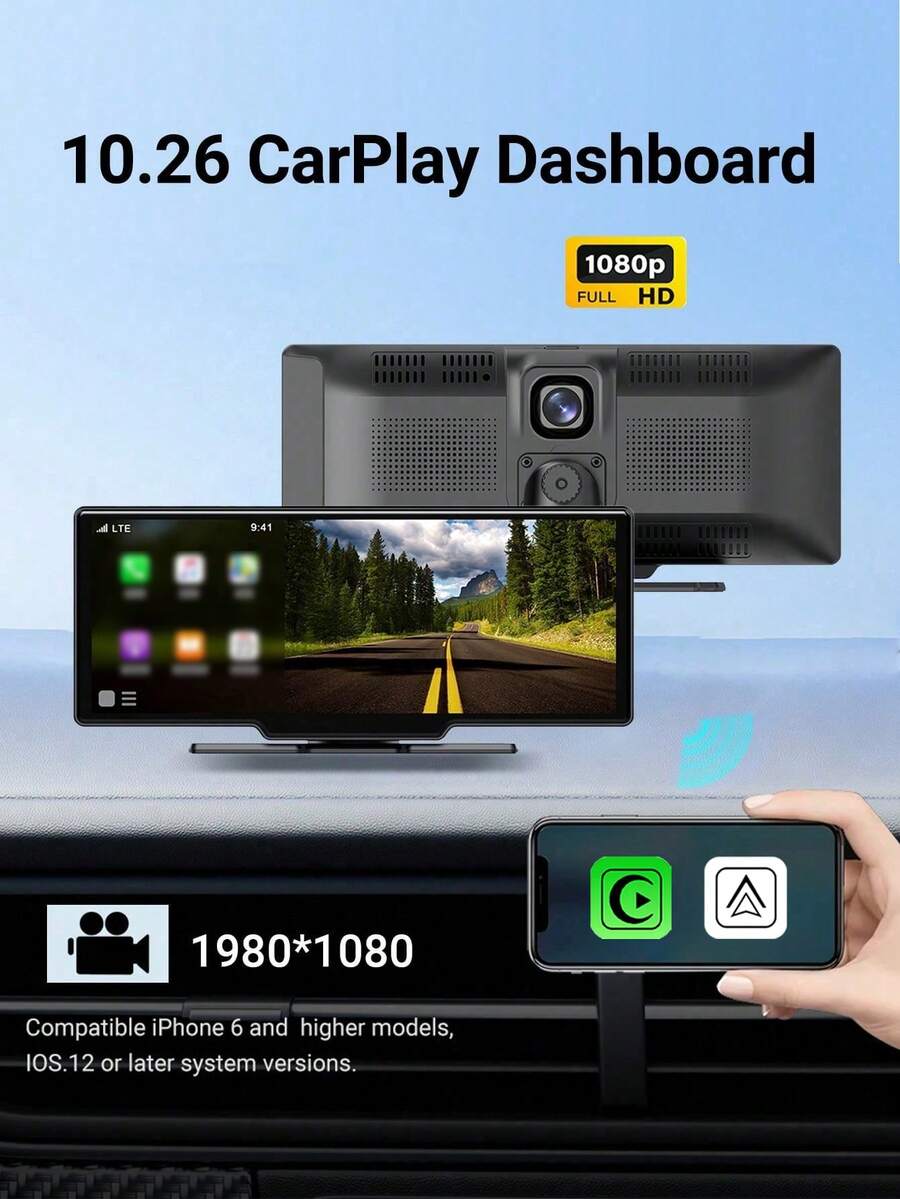 XUDA 全新10.26英寸4K行车记录仪，支持无线CarPlay和Android Auto，便携式行车记录仪，IPS触摸屏，蓝牙音频，双镜头录像机 - 10.26PND+Dual Lens - 查看 1