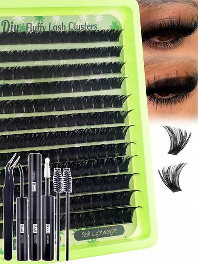 14-20mm 100D-200D Thick Cluster Eyelash Extensions Kit, Waterproof, Includes Lashes, Adhesive, Sealant, Tweezers, 192/168/144 Pcs, Delicate And Lightweight, DIY Eyelash Extension