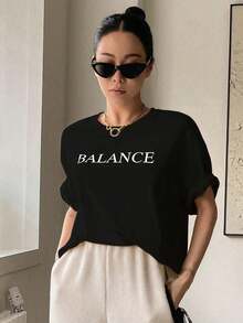 Custom Off-Shoulder T-Shirt With Letter Print, Preppy Style For Summer - Black - View 5