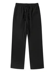 Pantalones de hombre de punto de gofre ligeros, pierna recta holgada con cordón, pantalones de chándal transpirables de verano - Negro - Ver 3