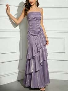 Vestido de Festa Elegante Feminino para Formatura com Babados em Camadas, Estilo Vintage, Ajuste Slim, Alças Finas, Vestido de Gala para Convidada de Casamento e Festa Formal - Lavanda - Visão 5