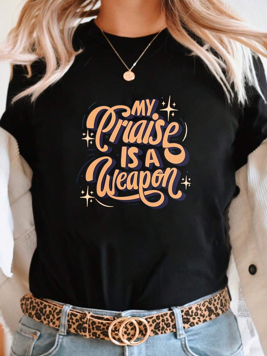Mi alabanza es una camiseta de impresión de letra de arma, corto cuello Sve tripulación top casual para verano y primavera, ropa de mujer
