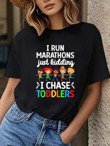 Womens Funny I Run Marathons Just Kidding I Chase Preschool Teacher T-Shirt - Short Sleeve Round Neck Casual Top with Print, Machine Washable Educator Apparel Gift, Womens Tops And Blouses, Womens Tops, Tops for Women, T Shirts for Women - Negro - Ver 2