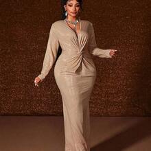 Maweii Plus Size Women's Elegant Shiny Silver Sequin Knit High Stretch Fabric Crossover V-Neck, Padded Shoulder, Waist Cinched Design, Women's Plus Size Autumn/Winter New Style, Suitable For Concerts, Fashionable Versatile Outerwear, Night Dates, Christmas, New Year, Fashionable Long Sleeve DressValentine's Day - Caqui - Ver 7
