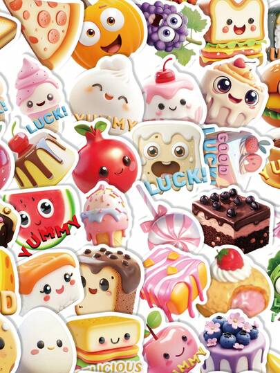 Bộ 50 miếng dán 3D hình đồ ăn Kawaii dễ thương, hình dán vinyl hình kẹo, trái cây, đồ ăn vặt, hình dán thẩm mỹ ngọt ngào dành cho các cô gái tuổi teen, dùng để trang trí laptop, bình nước, ốp điện thoại, sổ tay, album ảnh, nhật ký, đồ trang trí DIY dễ thương, chống nước. Quà tặng dễ thương.