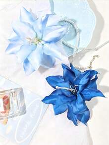 2 Pcs Large Blue Flower Hair Clips Lily Hair Barrette French Style Floral Hair Accessories For Women Aesthetic Hair Pieces For Thick Hair Wedding Bridal Summer Beach Vacation Party Elegant Realistic Silk Flower Headpiece Summer Hibiscus Flower - Multicolor - View 4