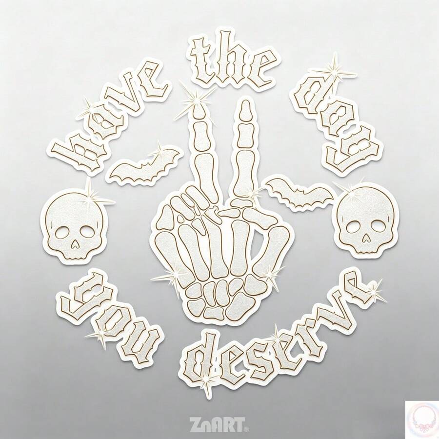 [Shining Silver/ Purple] 1pc "Have The Day You Deserve" Skeleton Hand & Skull Shape Creative Glittery Vinyl Sticker, Sparkling Bright Decal For Car, Truck, Motorcycle, Notebook, Window Glass, Hides Scratches, Super Easy To Paste & Remove, No Residue VWJP