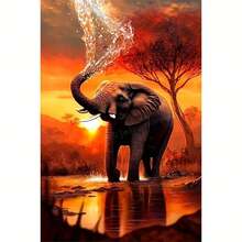 Kit de pintura de diamante 5D (1 peça) - Cena de elefante ao pôr do sol, arte em mosaico de diamantes redondos, artesanato DIY em estilo boêmio vibrante, adequado para adultos e iniciantes, decoração de casa, arte de parede com tema da vida selvagem africana, presente de aniversário/Natal - Sem moldura - diamante redondo - Ver 1