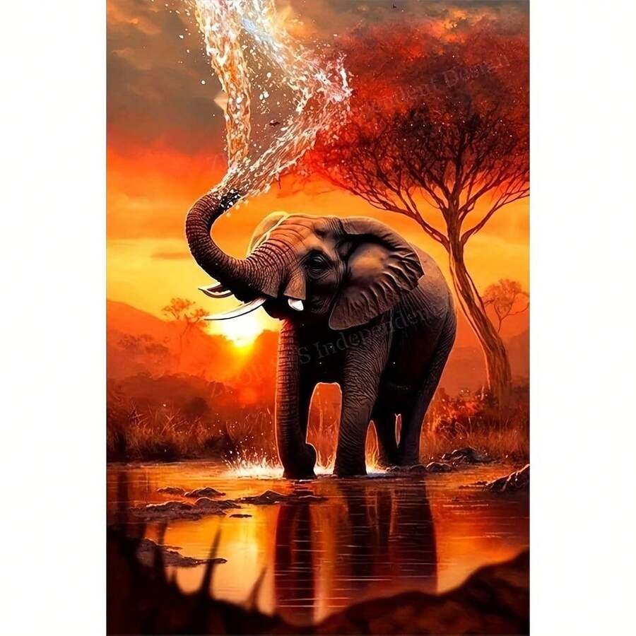 Kit de pintura de diamante 5D (1 peça) - Cena de elefante ao pôr do sol, arte em mosaico de diamantes redondos, artesanato DIY em estilo boêmio vibrante, adequado para adultos e iniciantes, decoração de casa, arte de parede com tema da vida selvagem africana, presente de aniversário/Natal - Sem moldura - diamante redondo - Ver 1
