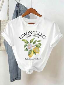 Conjunto casual de 2 piezas de camiseta de manga corta con estampado de eslogan y shorts a rayas para mujer - Blanco - Ver 4