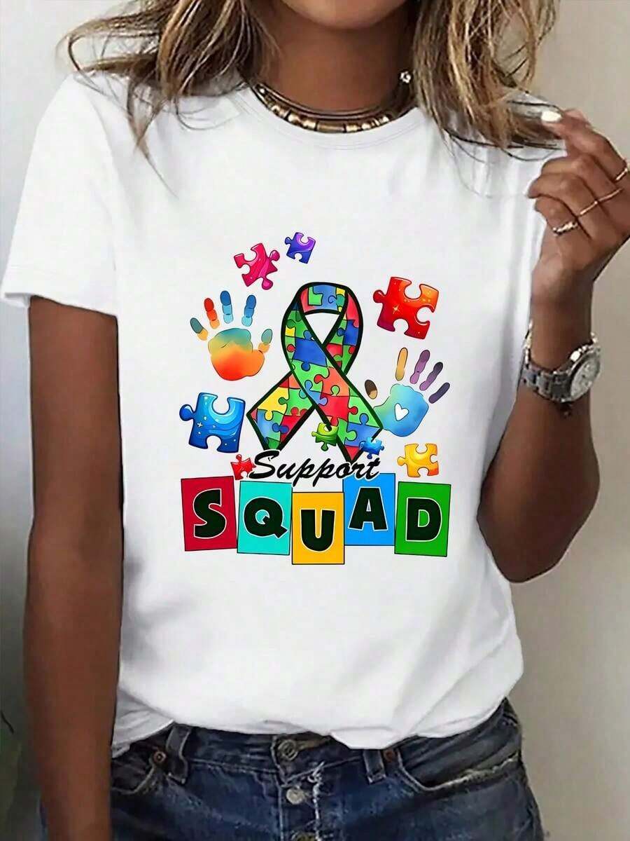 Camisetas Gráficas - Una Divertida Camiseta de Manga Corta Estampada - Patrón de Cinta de Rompecabezas Azul para Apoyar a Pacientes con Autismo - Estilo Casual y Deportivo a la Moda para Mujer, Camiseta con Cuello Redondo Estampada, Elegante y Única, Adecuada como Regalo - Camiseta Deportiva Estampada Cómoda, Transpirable, Absorbente de Sudor, Ligera y Suave - Algodón - Blanco - Ver 1
