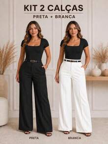 Set Of 2 Women's Elegant Tailored Palazzo Pants With Belt - 黑白 - 查看 2