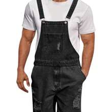 2026 Hot Men Distressed Denim Bib Overall Shorts, Relaxed Knee Length Multi Pocket Non-Stretch Denim Jumpsuit, Summer Casual Machine Washable Daily - 黑色 - 查看 3