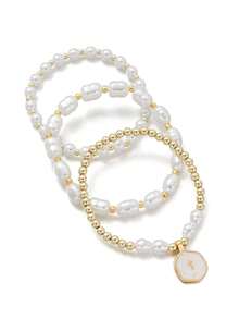 3 Peças Conjunto de Pingente de Cruz e Etiqueta Geométrica de Esmalte, Pulseira Elástica com Contas de Pérola Falsa, Joias de Moda Elegante para Mulheres, Adequado para Uso Diário, Trabalho e Férias - Multicolorido - Visão 4