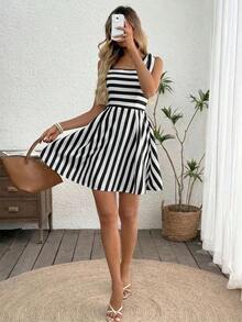 Vestido camisola con lazo frontal a rayas casual para mujer, vestidos de verano para vacaciones, vestidos de verano europeos, vestidos fluidos de streetwear casual para mujer - Blanco y Negro - Ver 4